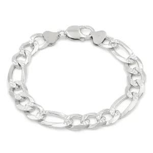 925 Sterling Silver Solid Figaro 10.5mm Diamond Cut Pave ITProLux Link Bracelet