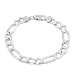 925 Sterling Silver Solid Figaro 8.5mm Diamond Cut Pave ITProLux Link Bracelet