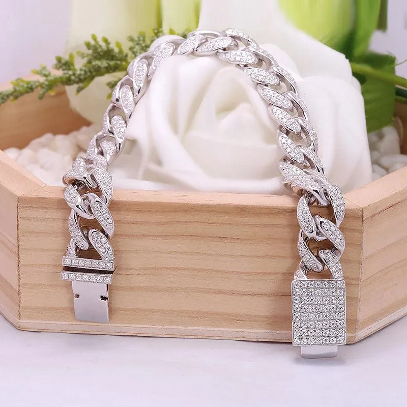 9k Luxury Miami Cuban Link Chain Moissanite Bracelet Men | Micro Pave White Gold Cuban Link Chain | Hip Hop Bracelet | Cuban Link Bracelet