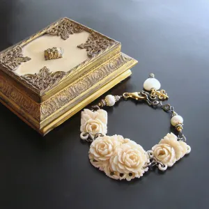 Adjustable Floral Roses EcoIvory And Pearl Bracelet With Mother of Pearl Heart - Clementine Bracelet