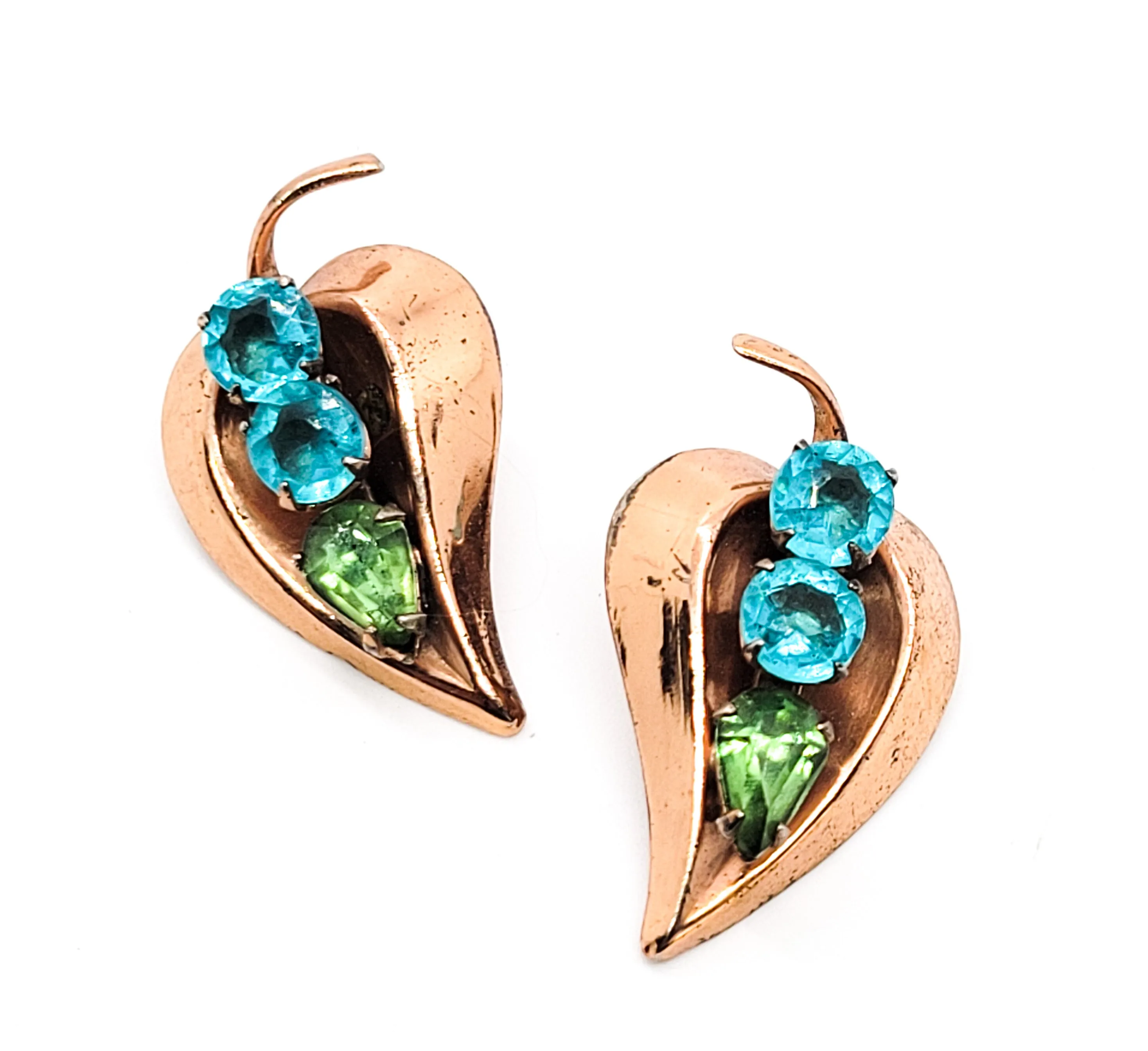 Aqua blue and green rhinestone vintage gold filled clip on leaf earrings