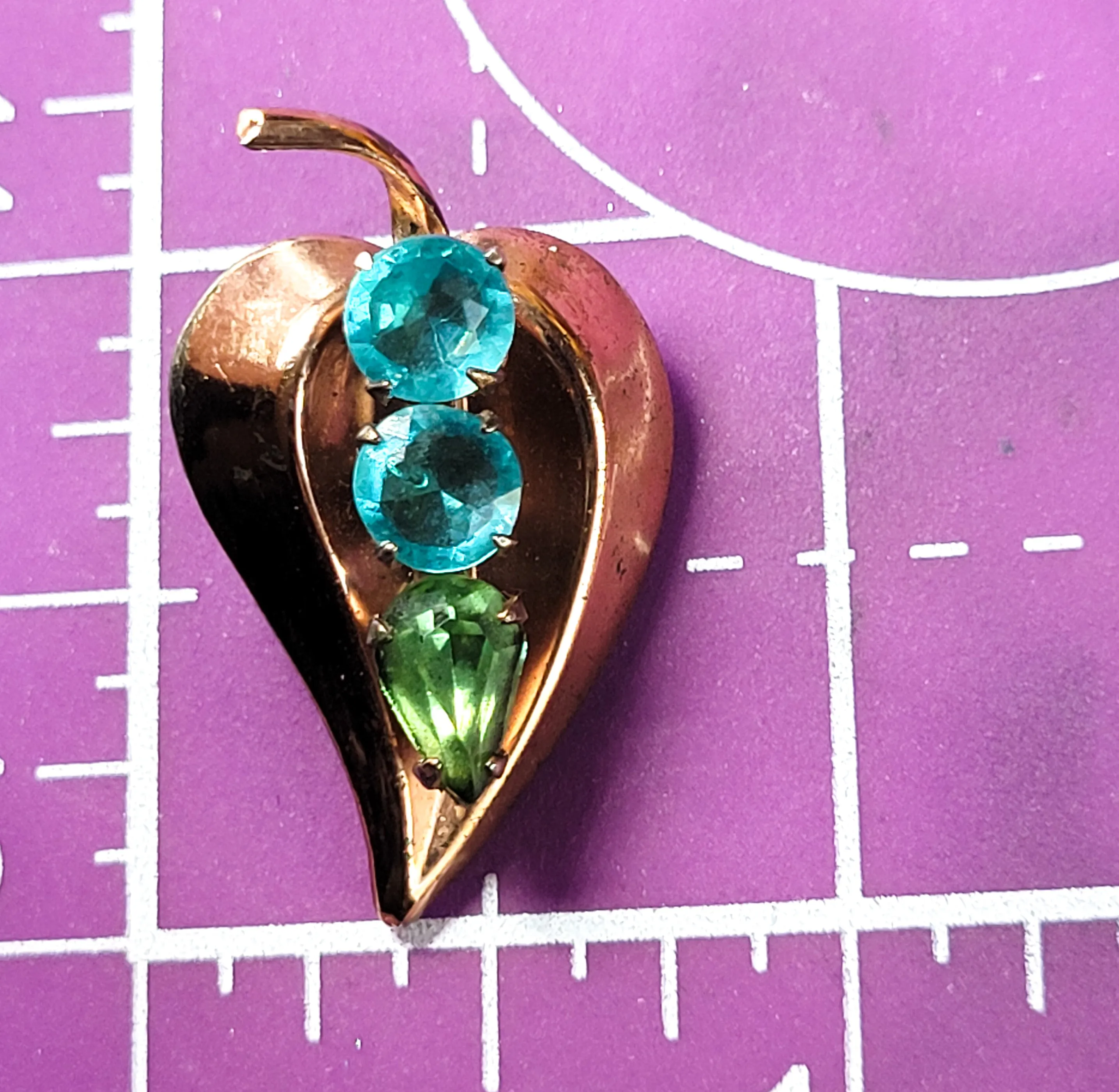 Aqua blue and green rhinestone vintage gold filled clip on leaf earrings