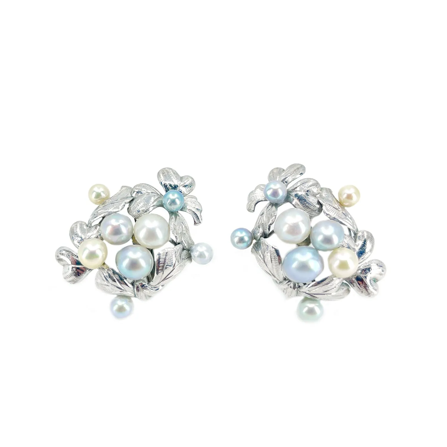 Art Nouveau Engraved Japanese Saltwater Blue & White Akoya Cultured Pearl Cuff Bracelet & Screwback Earring Set- Sterling Silver