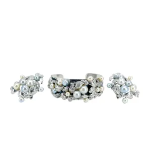 Art Nouveau Engraved Japanese Saltwater Blue & White Akoya Cultured Pearl Cuff Bracelet & Screwback Earring Set- Sterling Silver