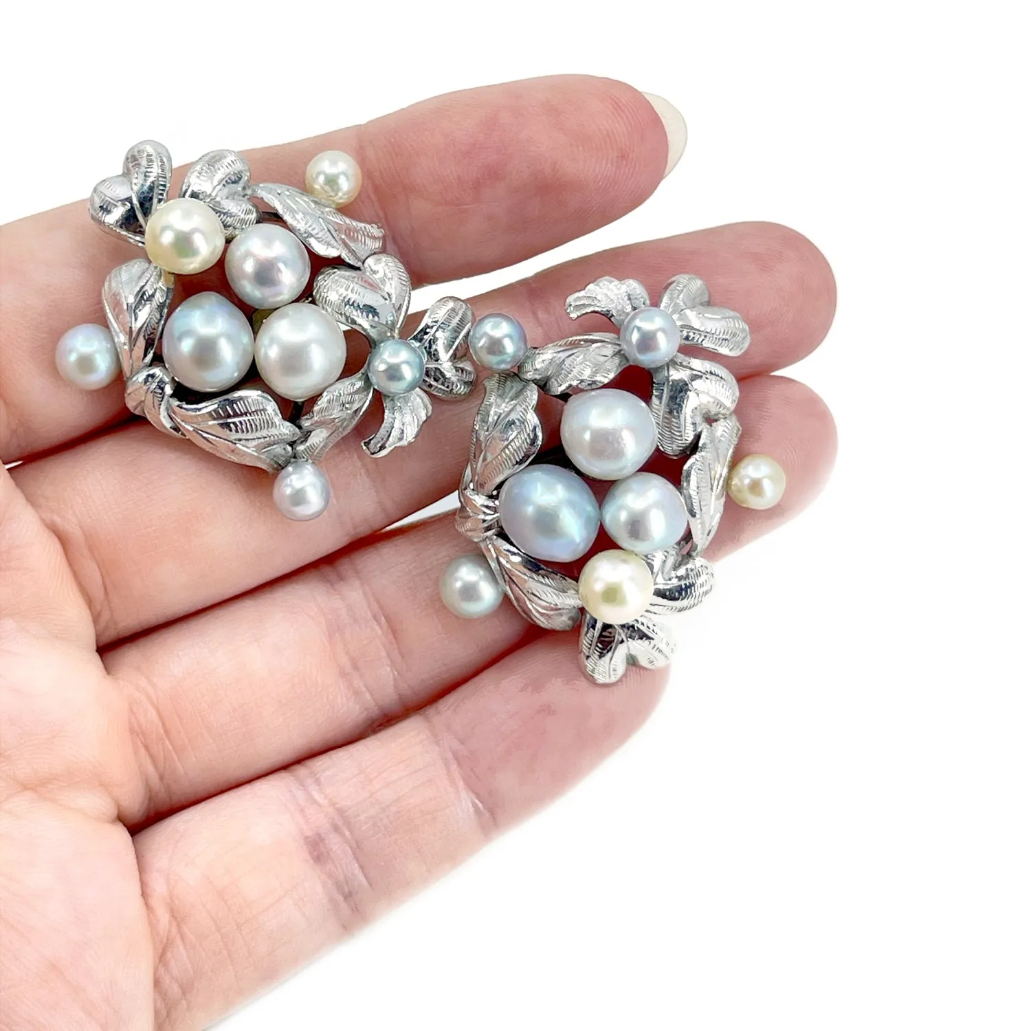 Art Nouveau Engraved Japanese Saltwater Blue & White Akoya Cultured Pearl Cuff Bracelet & Screwback Earring Set- Sterling Silver