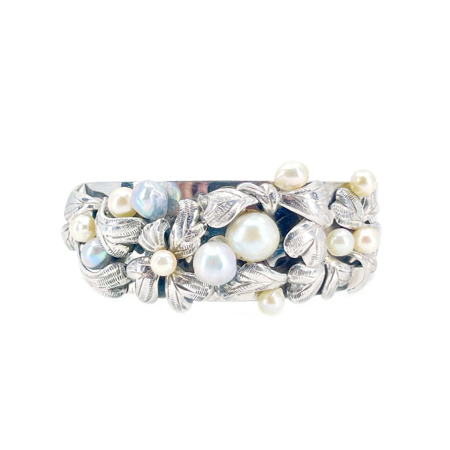 Art Nouveau Engraved Japanese Saltwater Blue & White Akoya Cultured Pearl Cuff Bracelet & Screwback Earring Set- Sterling Silver