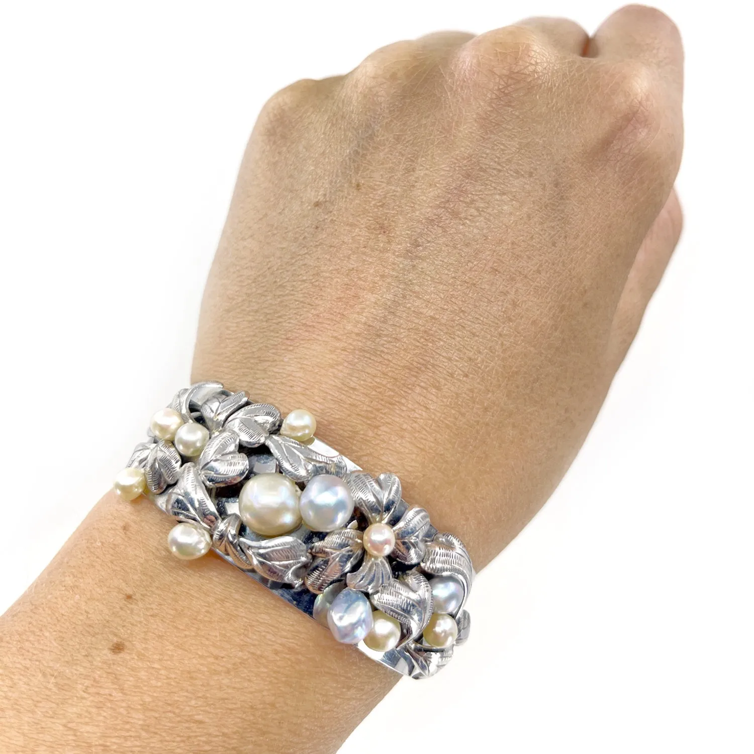 Art Nouveau Engraved Japanese Saltwater Blue & White Akoya Cultured Pearl Cuff Bracelet & Screwback Earring Set- Sterling Silver