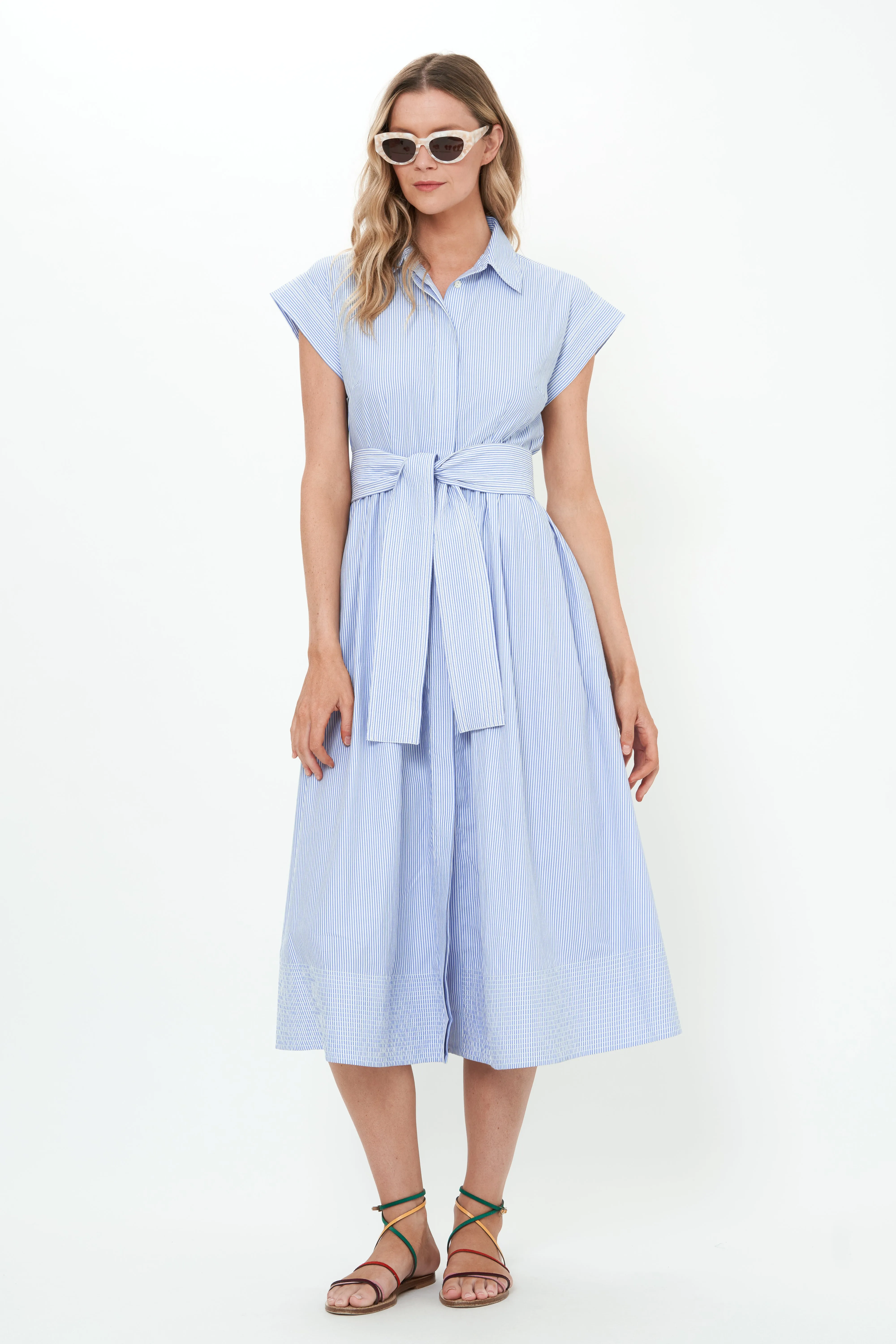 Belted Shirt Dress- Chatham Blue