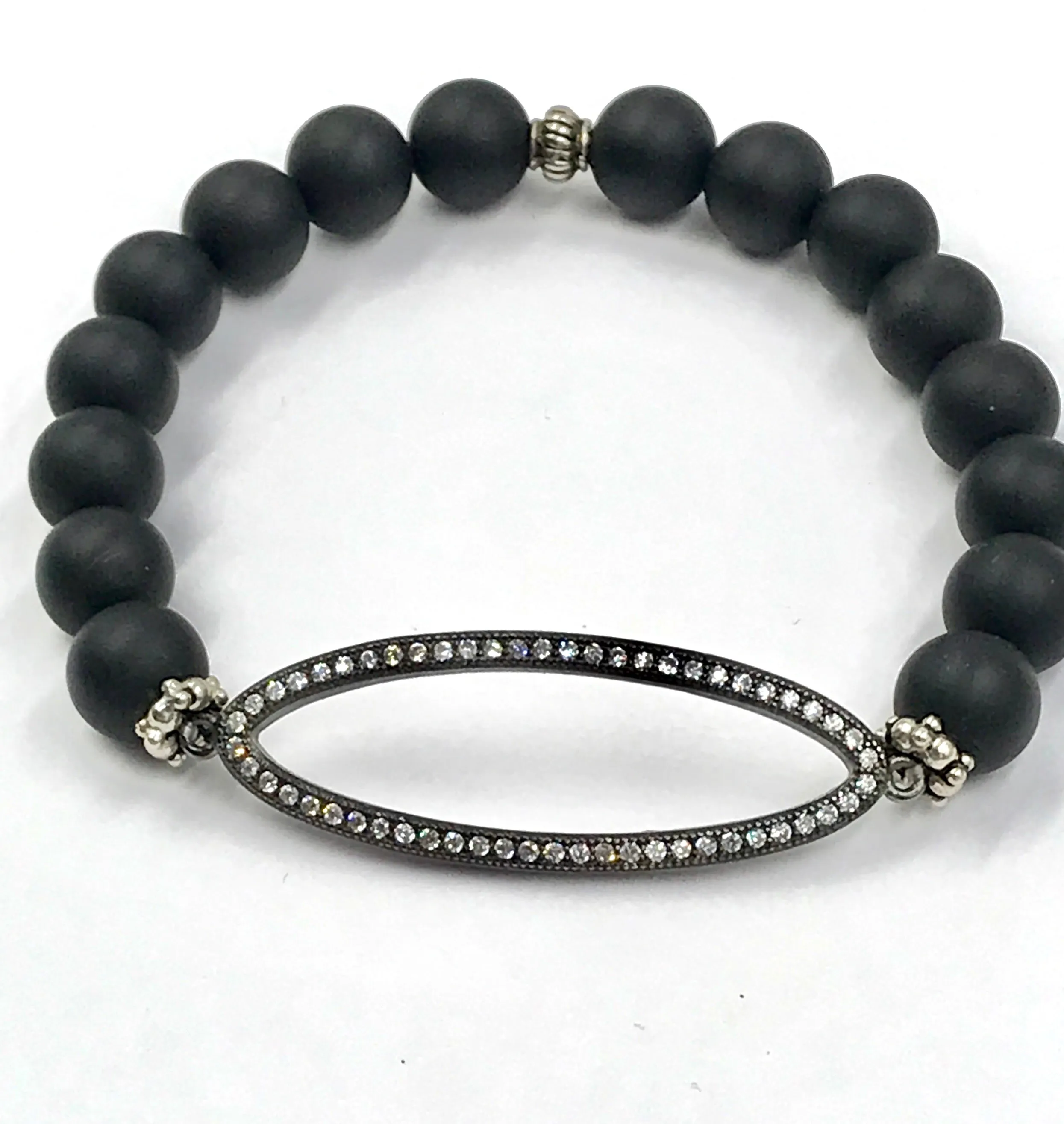 Black Onyx Stretch Bracelet with Pave CZ Oval