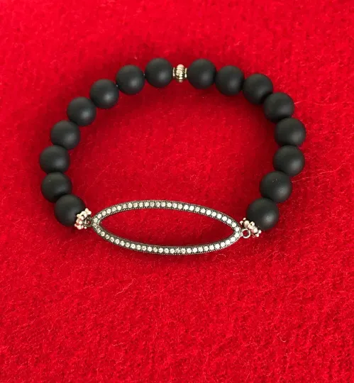 Black Onyx Stretch Bracelet with Pave CZ Oval