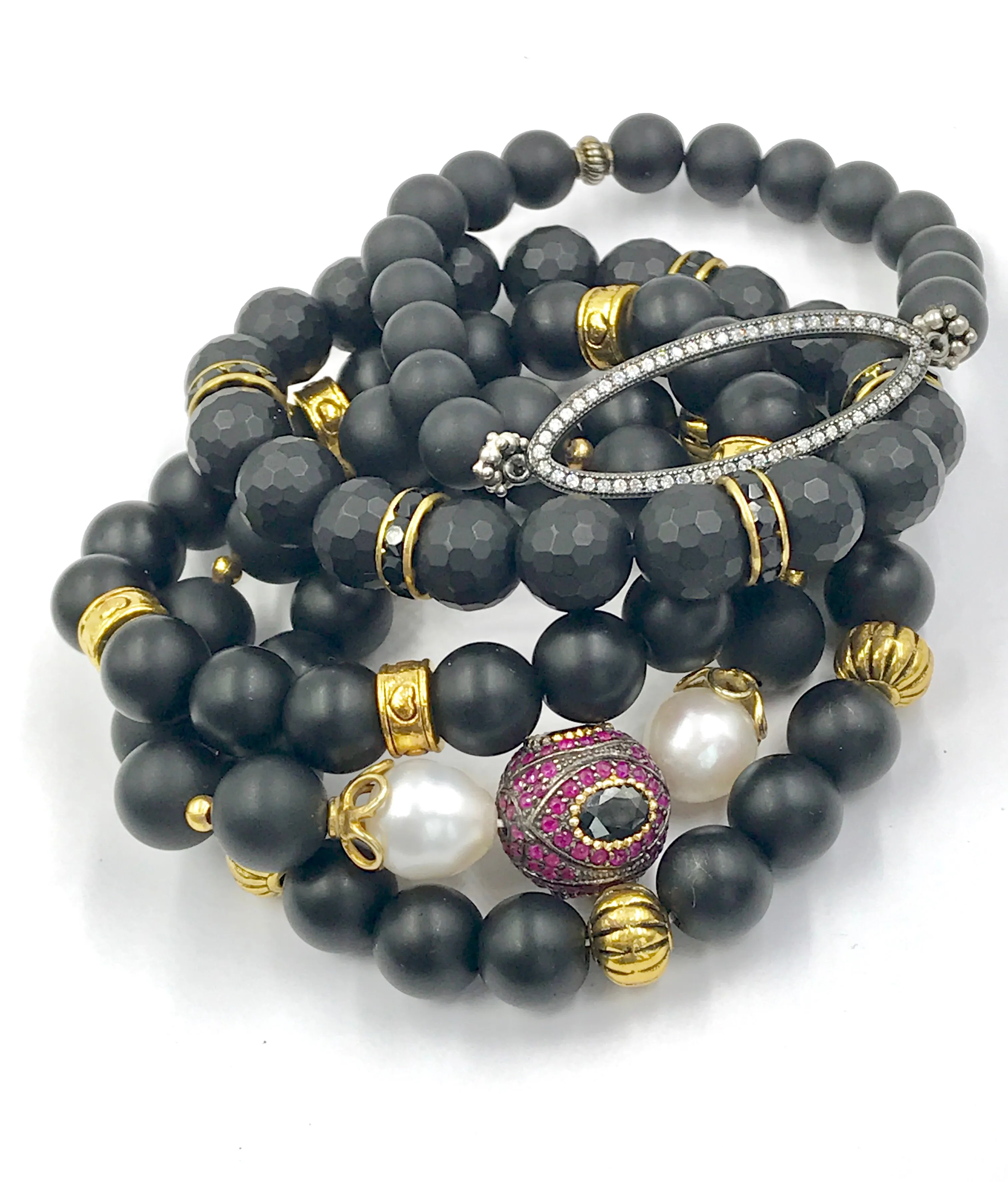 Black Onyx Stretch Bracelet with Pave CZ Oval