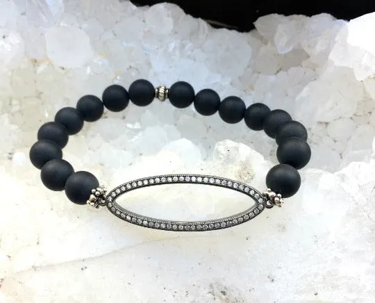Black Onyx Stretch Bracelet with Pave CZ Oval