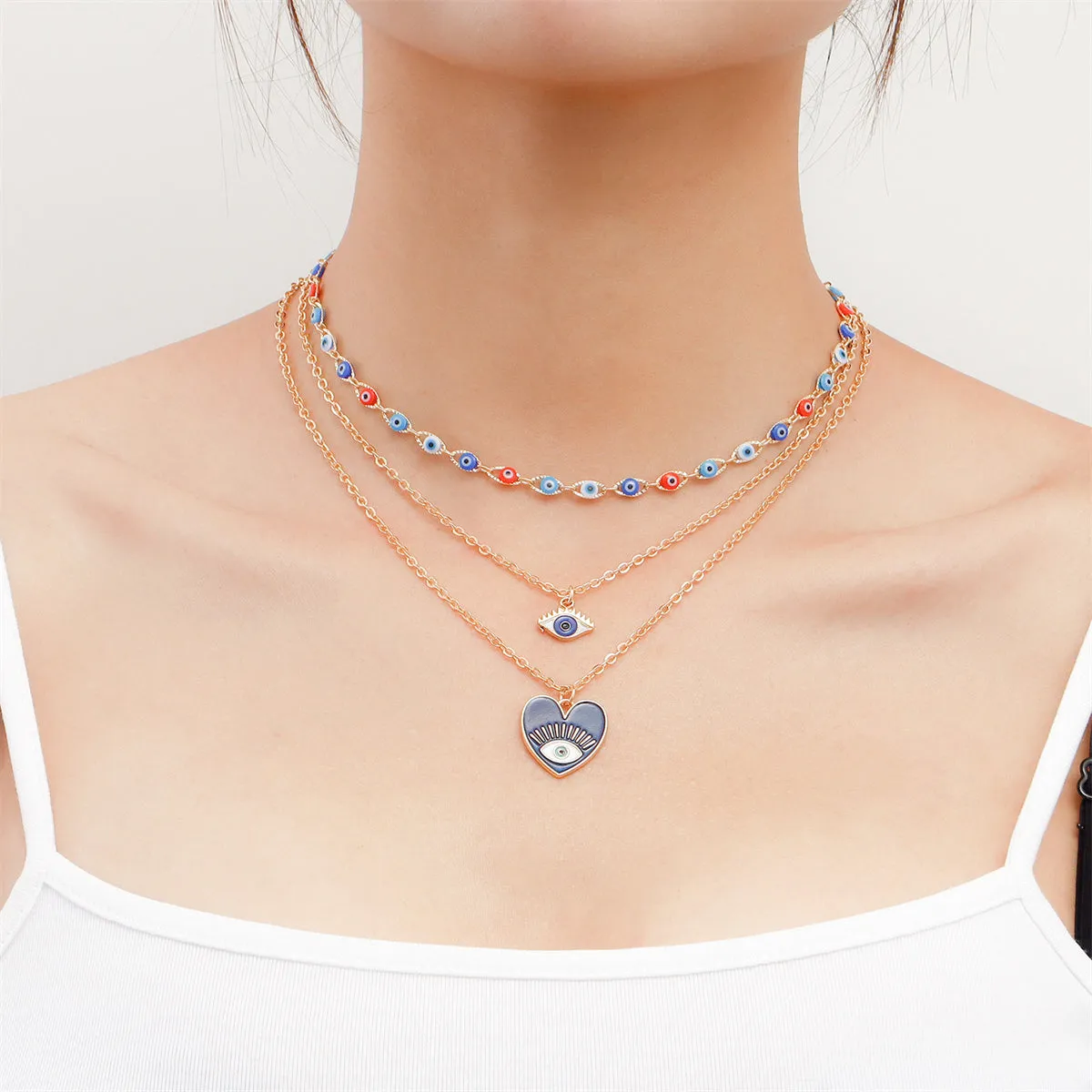 Blue Acrylic & Enamel 18K Gold-Plated Eye Heart Layered Pendant Necklace