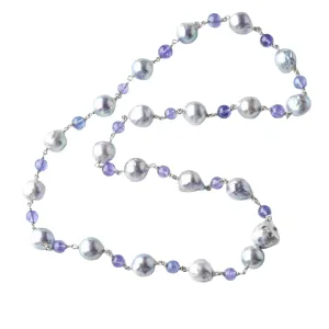 Blue Akoya Baroque Pearls with Tanzanite Globes and Pearl & Tanzanite Gemstone Clasp