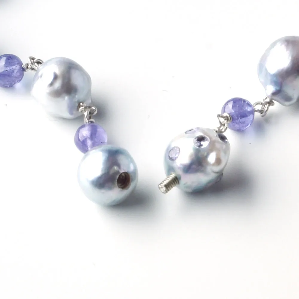 Blue Akoya Baroque Pearls with Tanzanite Globes and Pearl & Tanzanite Gemstone Clasp