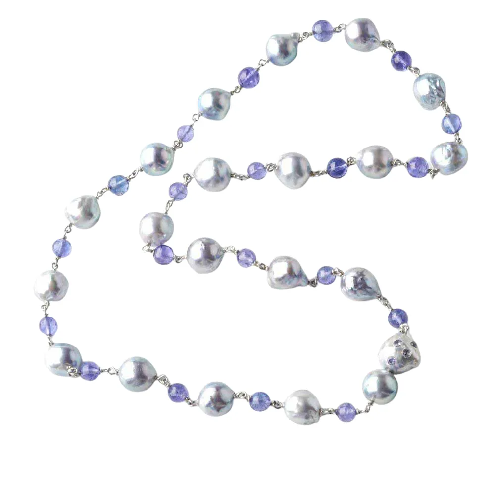 Blue Akoya Baroque Pearls with Tanzanite Globes and Pearl & Tanzanite Gemstone Clasp