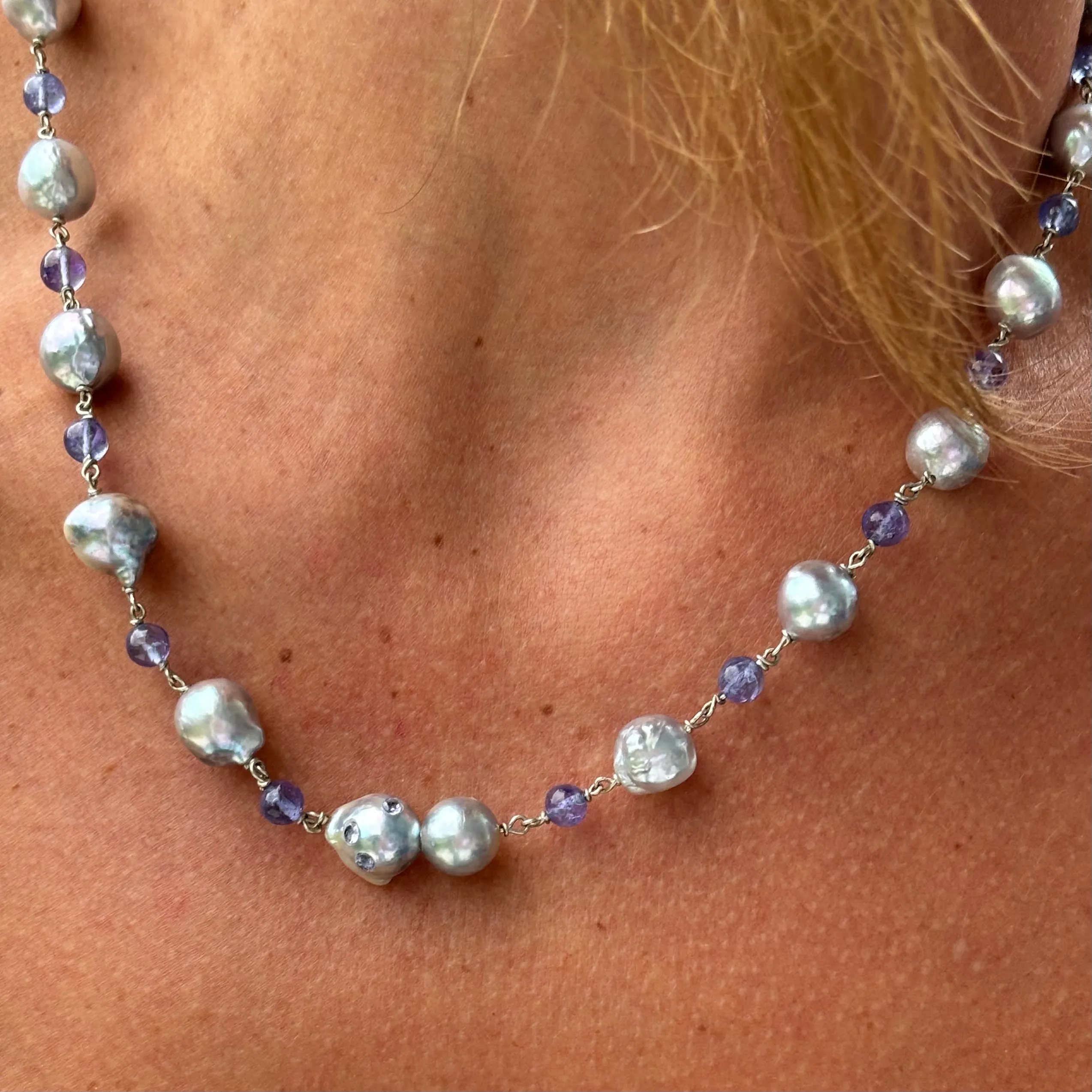 Blue Akoya Baroque Pearls with Tanzanite Globes and Pearl & Tanzanite Gemstone Clasp