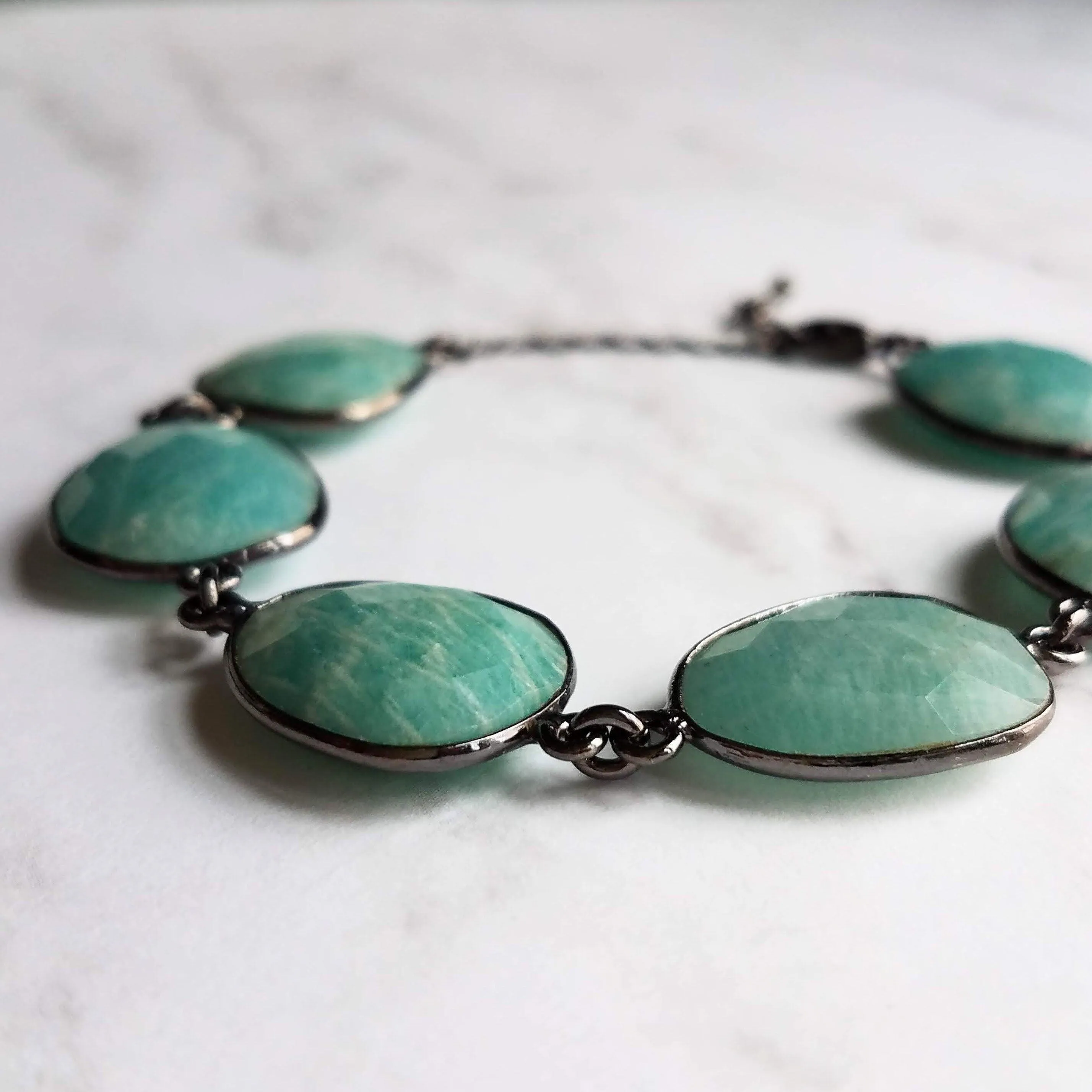 Blue Amazonite Stone Bracelet w/ shiny black gunmetal bezel frames, organic shaped oval gemstones, aqua turquoise gemstone, adjustable chain