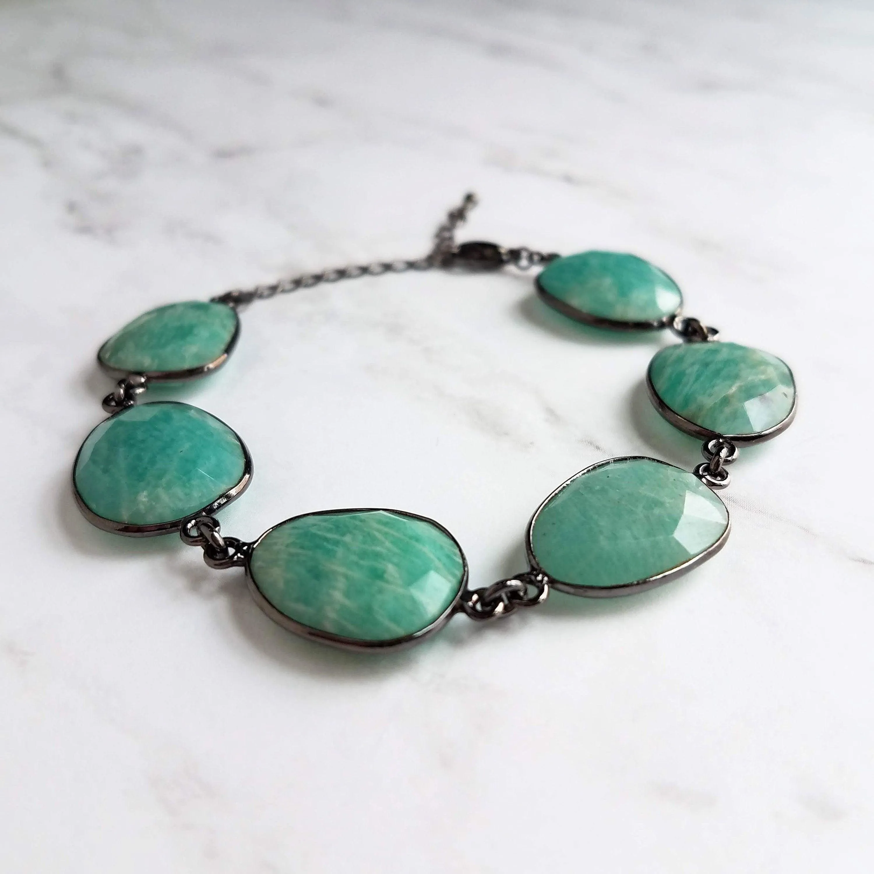 Blue Amazonite Stone Bracelet w/ shiny black gunmetal bezel frames, organic shaped oval gemstones, aqua turquoise gemstone, adjustable chain