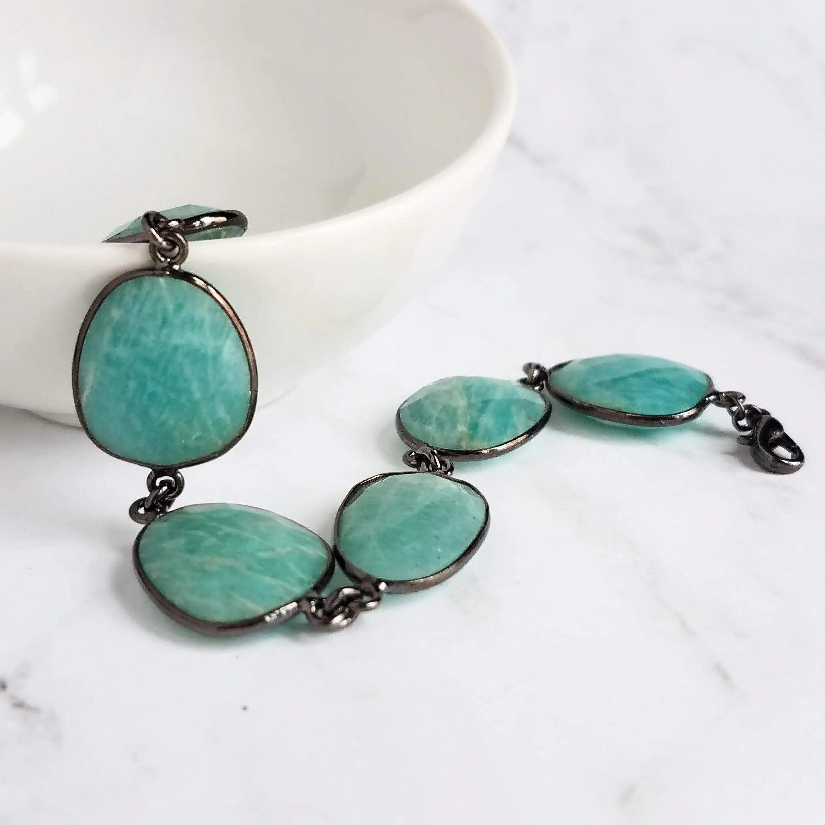 Blue Amazonite Stone Bracelet w/ shiny black gunmetal bezel frames, organic shaped oval gemstones, aqua turquoise gemstone, adjustable chain