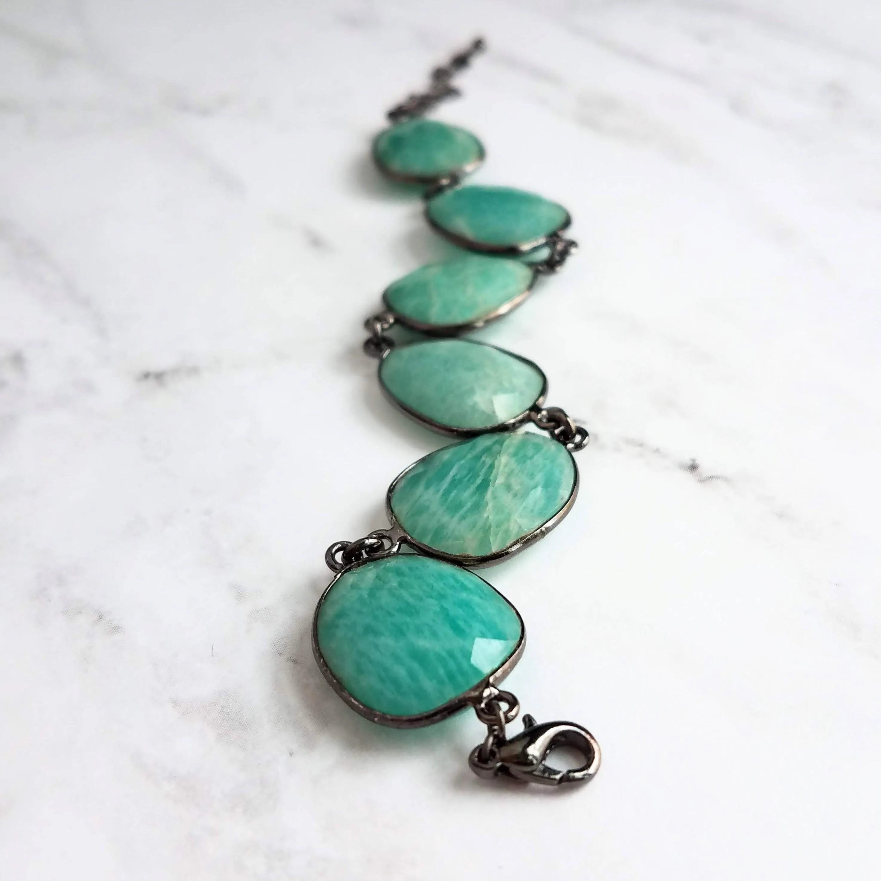 Blue Amazonite Stone Bracelet w/ shiny black gunmetal bezel frames, organic shaped oval gemstones, aqua turquoise gemstone, adjustable chain