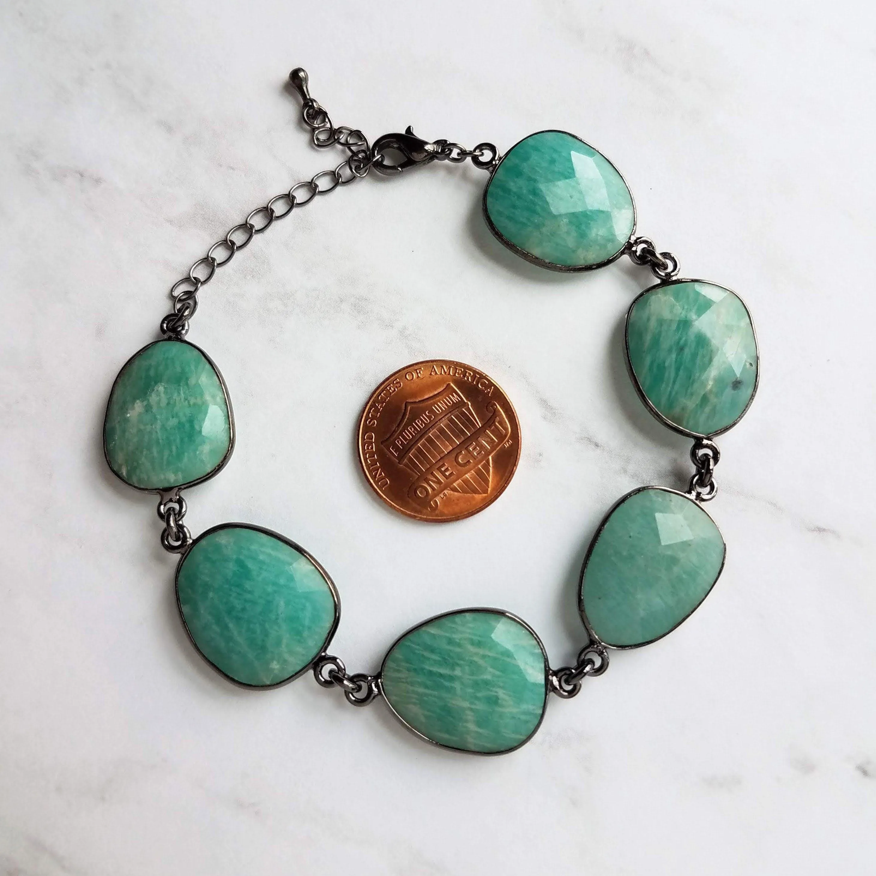 Blue Amazonite Stone Bracelet w/ shiny black gunmetal bezel frames, organic shaped oval gemstones, aqua turquoise gemstone, adjustable chain