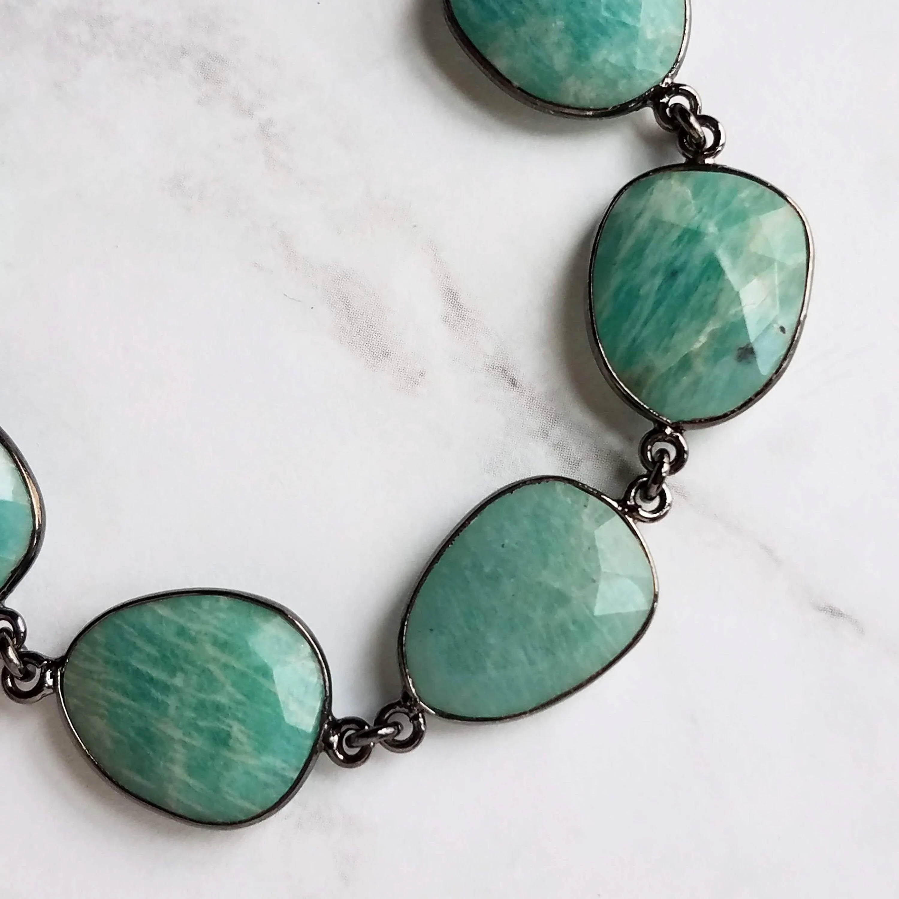 Blue Amazonite Stone Bracelet w/ shiny black gunmetal bezel frames, organic shaped oval gemstones, aqua turquoise gemstone, adjustable chain