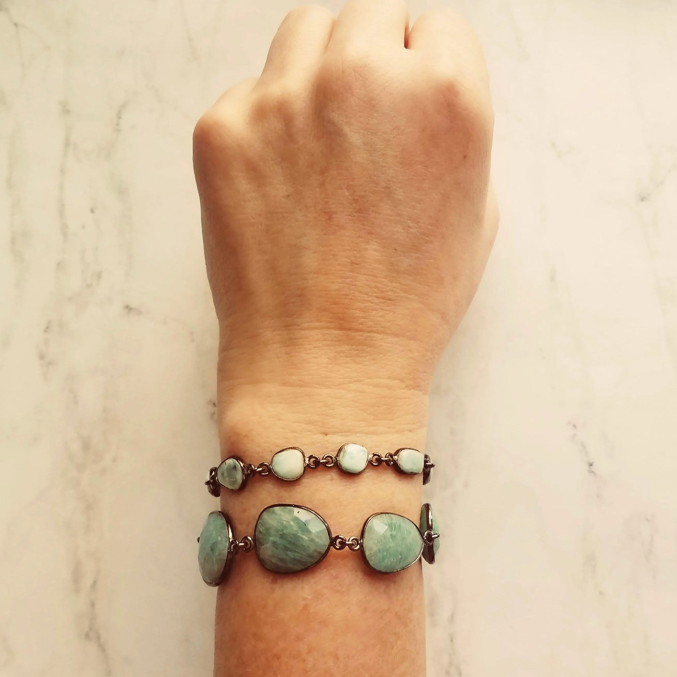 Blue Amazonite Stone Bracelet w/ shiny black gunmetal bezel frames, organic shaped oval gemstones, aqua turquoise gemstone, adjustable chain