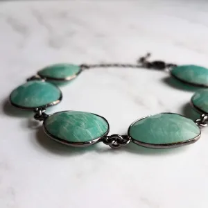 Blue Amazonite Stone Bracelet w/ shiny black gunmetal bezel frames, organic shaped oval gemstones, aqua turquoise gemstone, adjustable chain