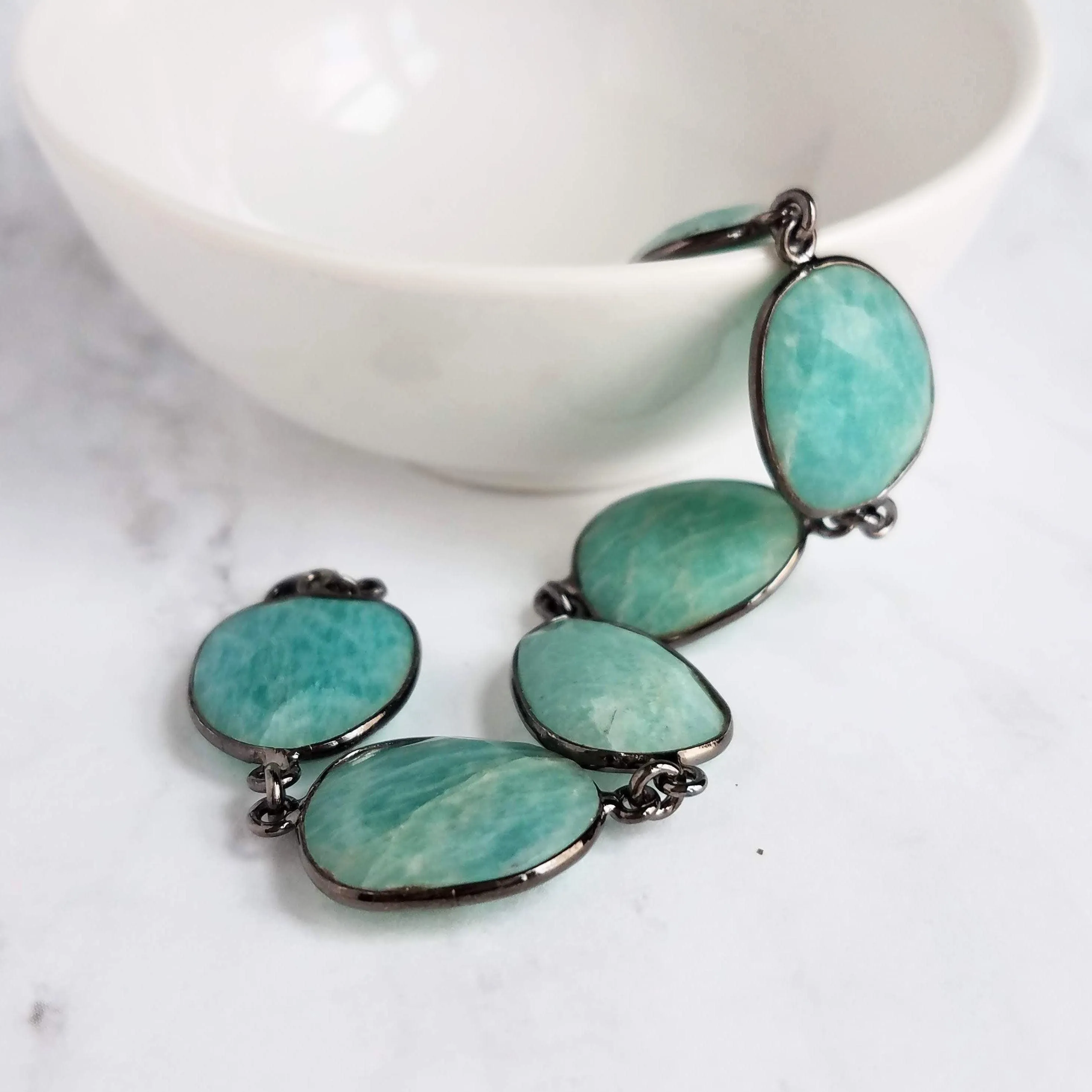 Blue Amazonite Stone Bracelet w/ shiny black gunmetal bezel frames, organic shaped oval gemstones, aqua turquoise gemstone, adjustable chain