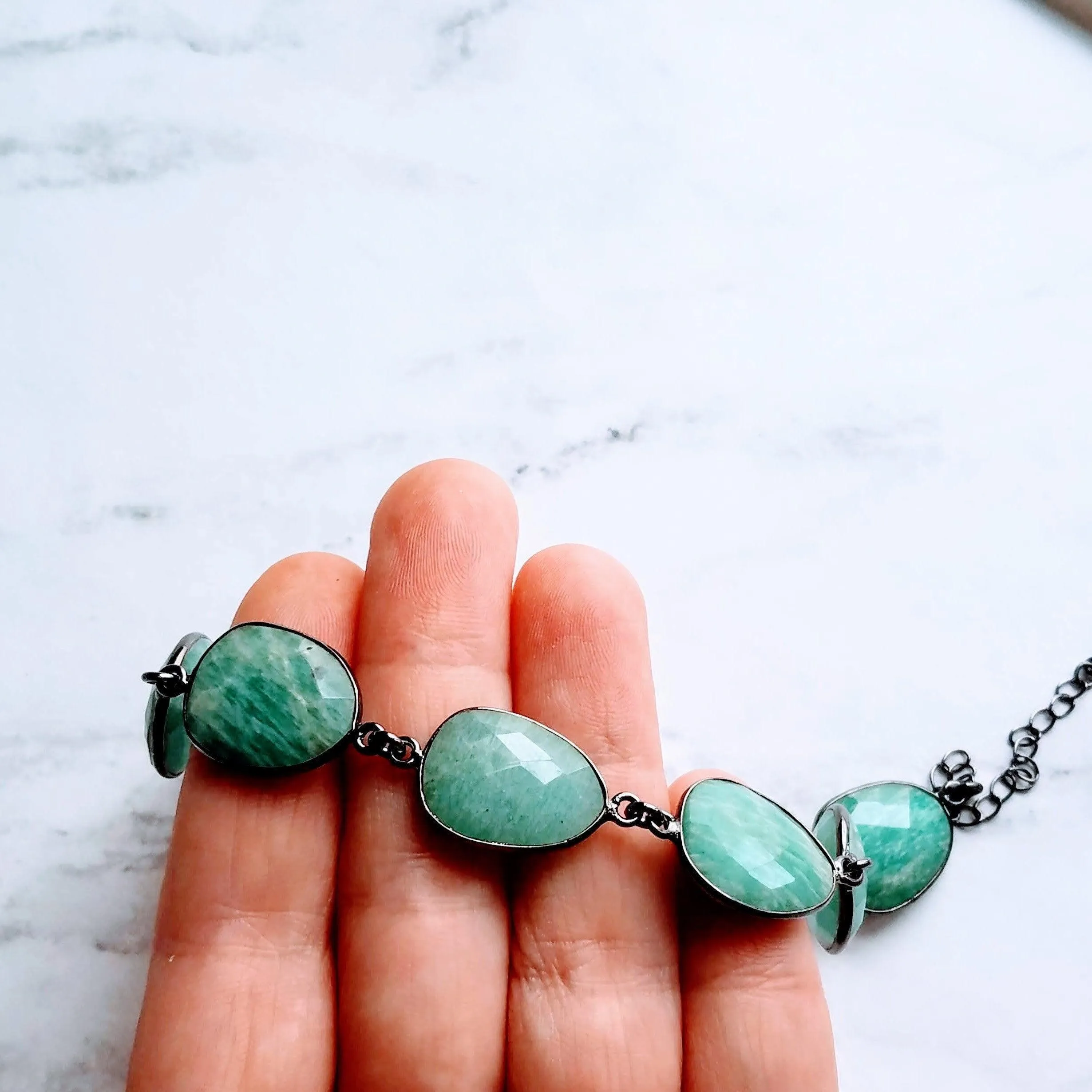 Blue Amazonite Stone Bracelet w/ shiny black gunmetal bezel frames, organic shaped oval gemstones, aqua turquoise gemstone, adjustable chain