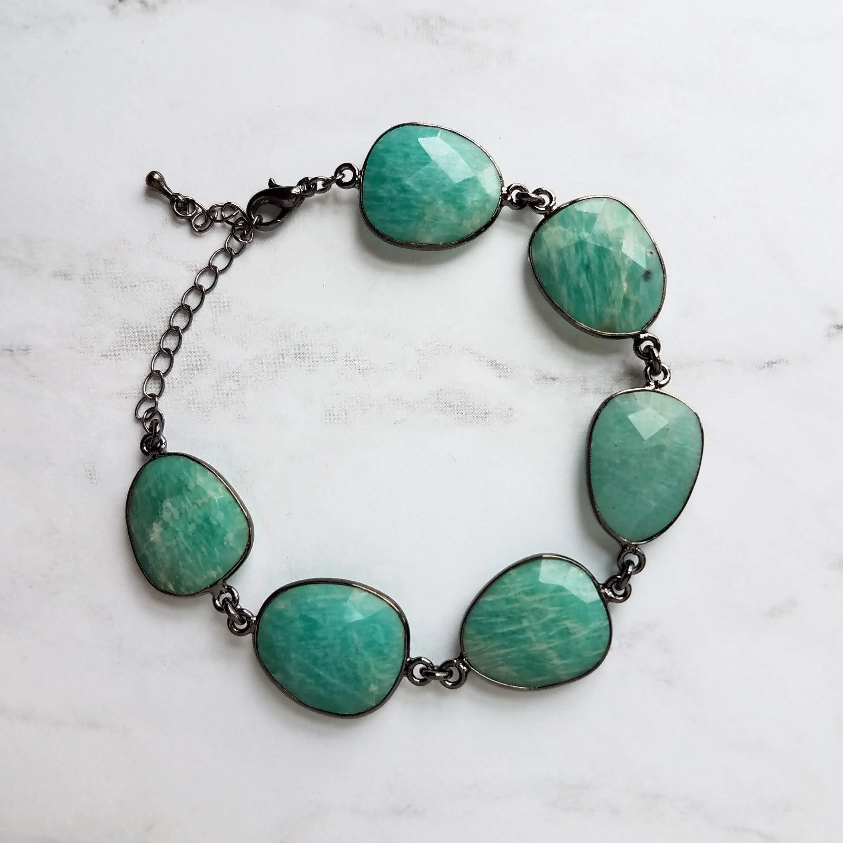 Blue Amazonite Stone Bracelet w/ shiny black gunmetal bezel frames, organic shaped oval gemstones, aqua turquoise gemstone, adjustable chain