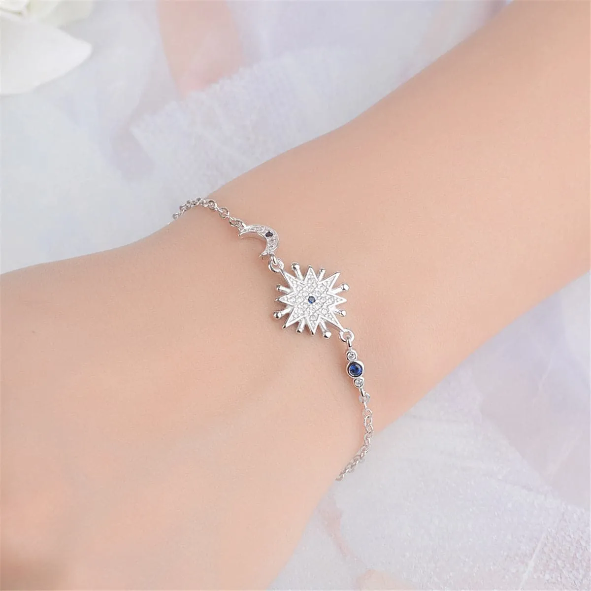 Blue Crystal & Silver-Plated Star & Moon Bracelet