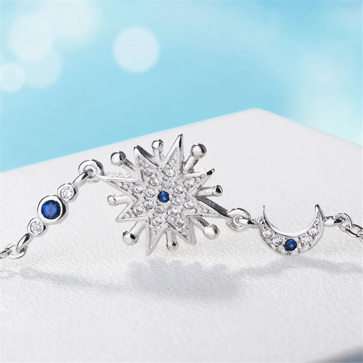 Blue Crystal & Silver-Plated Star & Moon Bracelet