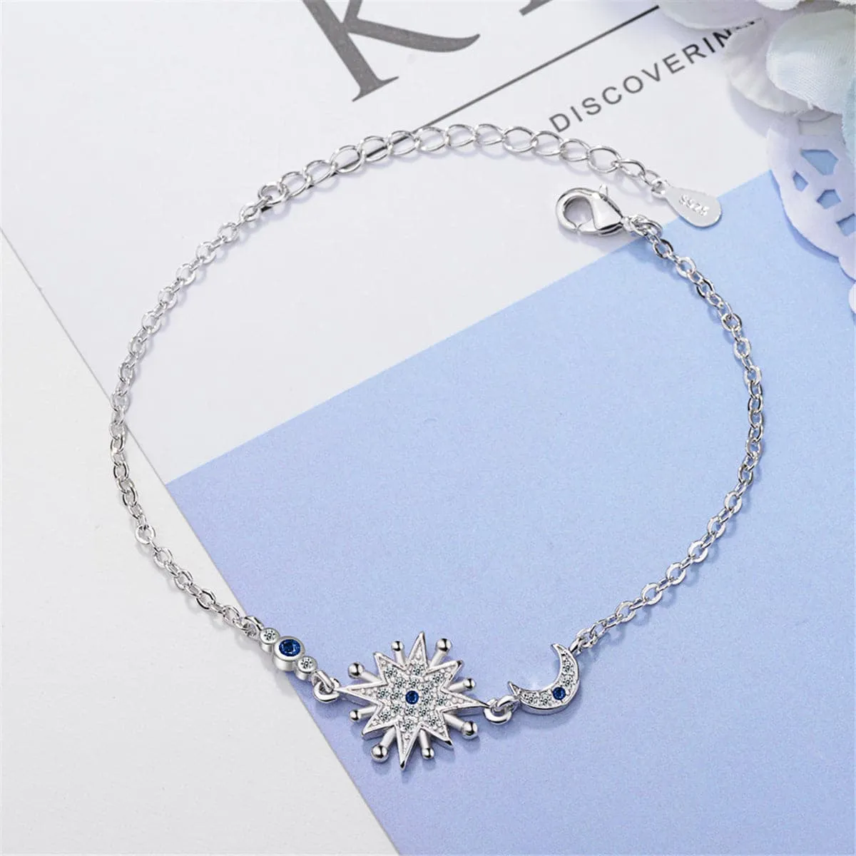 Blue Crystal & Silver-Plated Star & Moon Bracelet