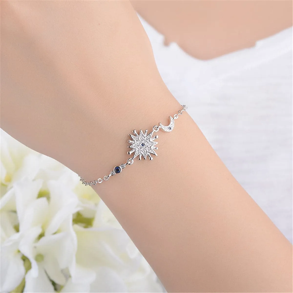 Blue Crystal & Silver-Plated Star & Moon Bracelet