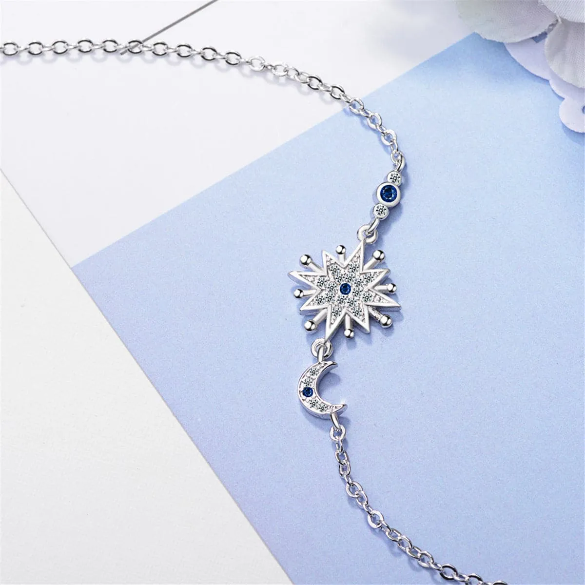 Blue Crystal & Silver-Plated Star & Moon Bracelet