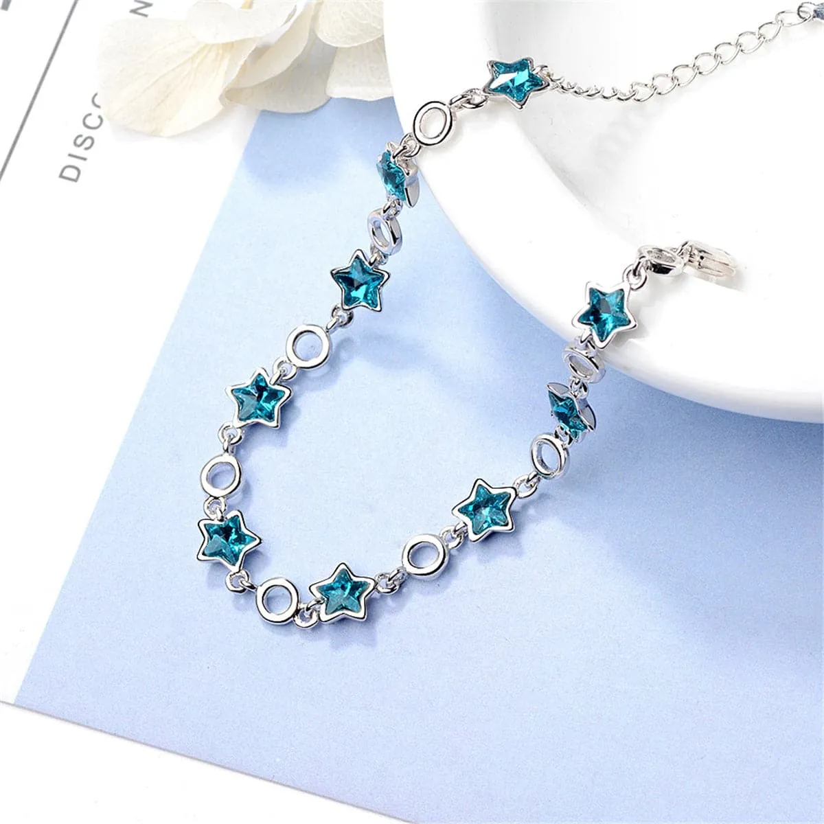 Blue Crystal & Silver-Plated Star Station Bracelet