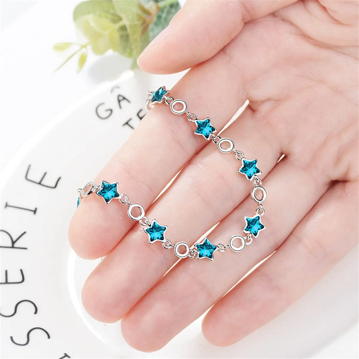 Blue Crystal & Silver-Plated Star Station Bracelet