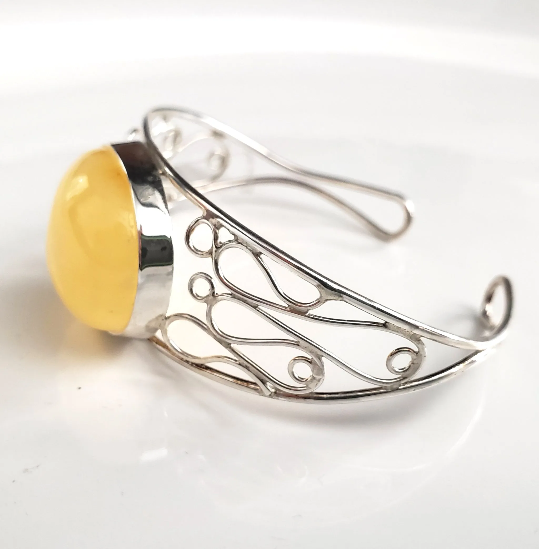 Butterscotch Natural Amber Cuff Bracelet in Modern Sterling Silver Setting