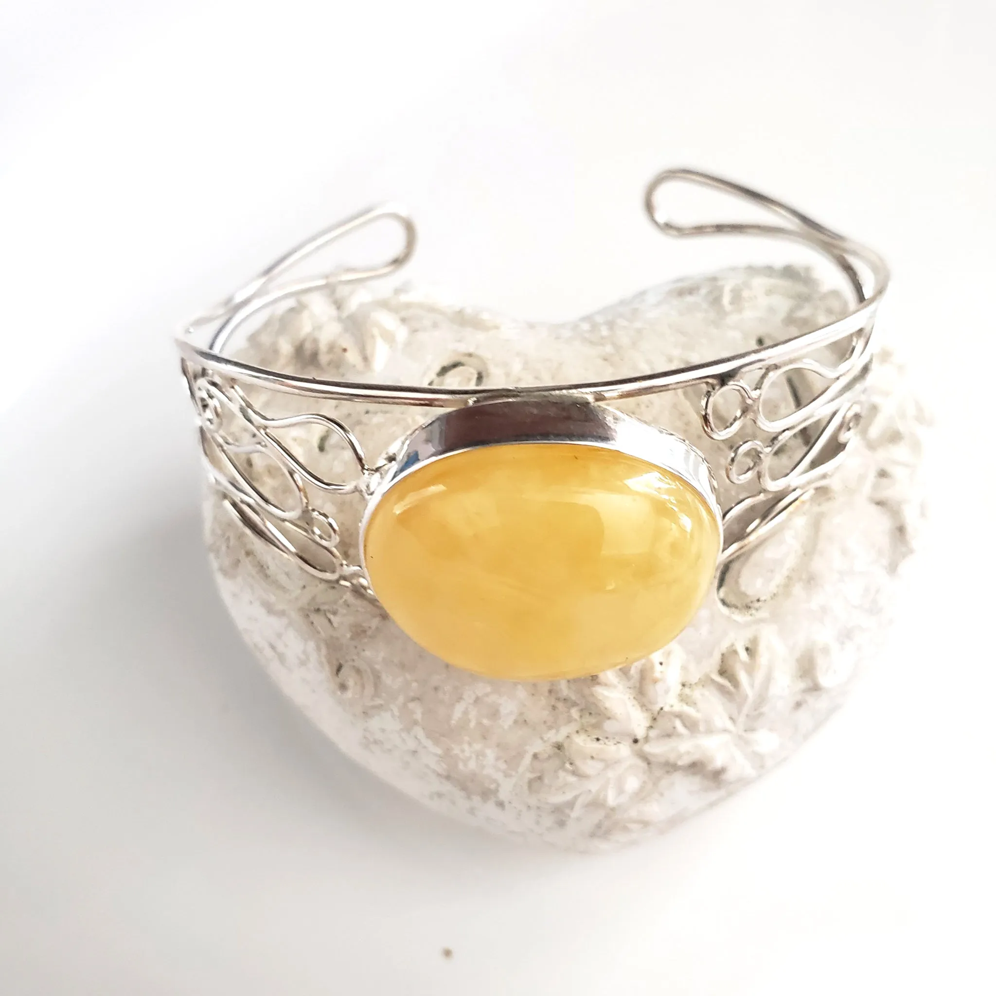 Butterscotch Natural Amber Cuff Bracelet in Modern Sterling Silver Setting