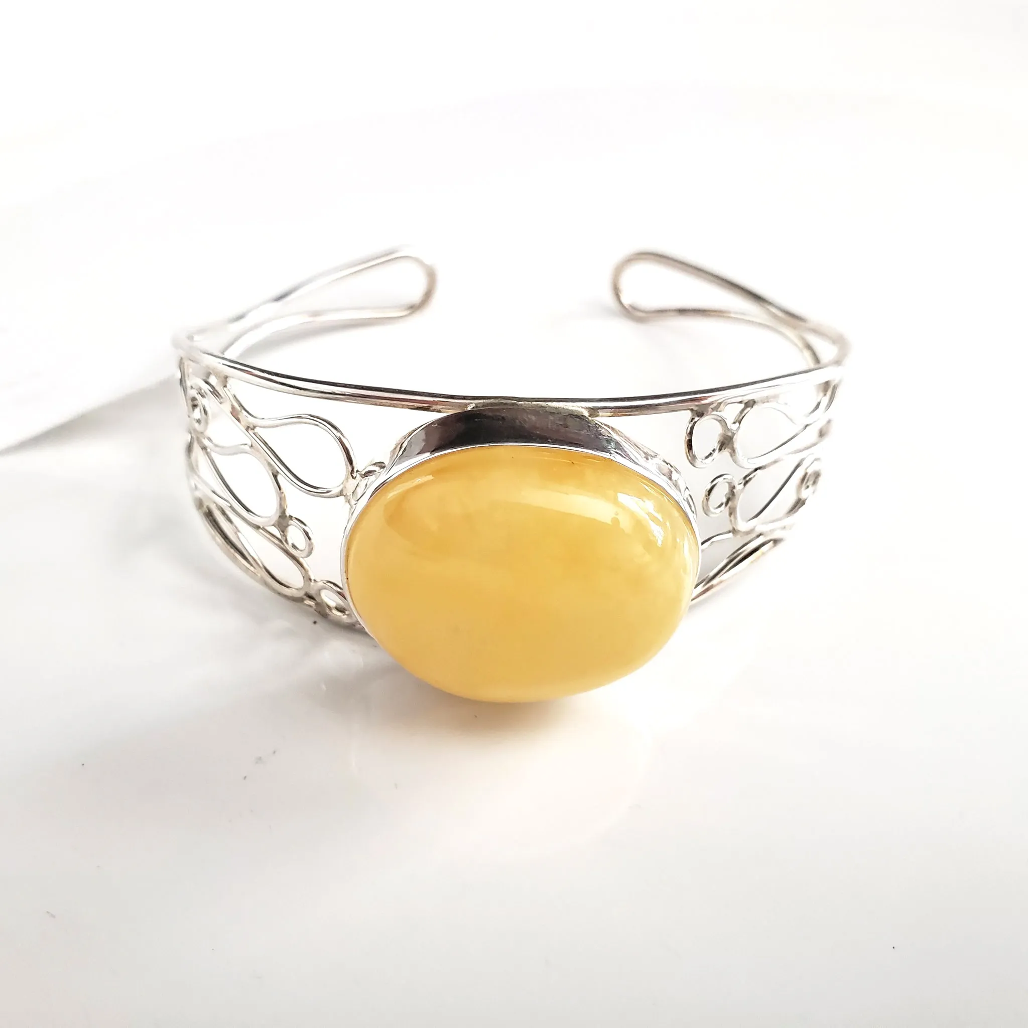 Butterscotch Natural Amber Cuff Bracelet in Modern Sterling Silver Setting