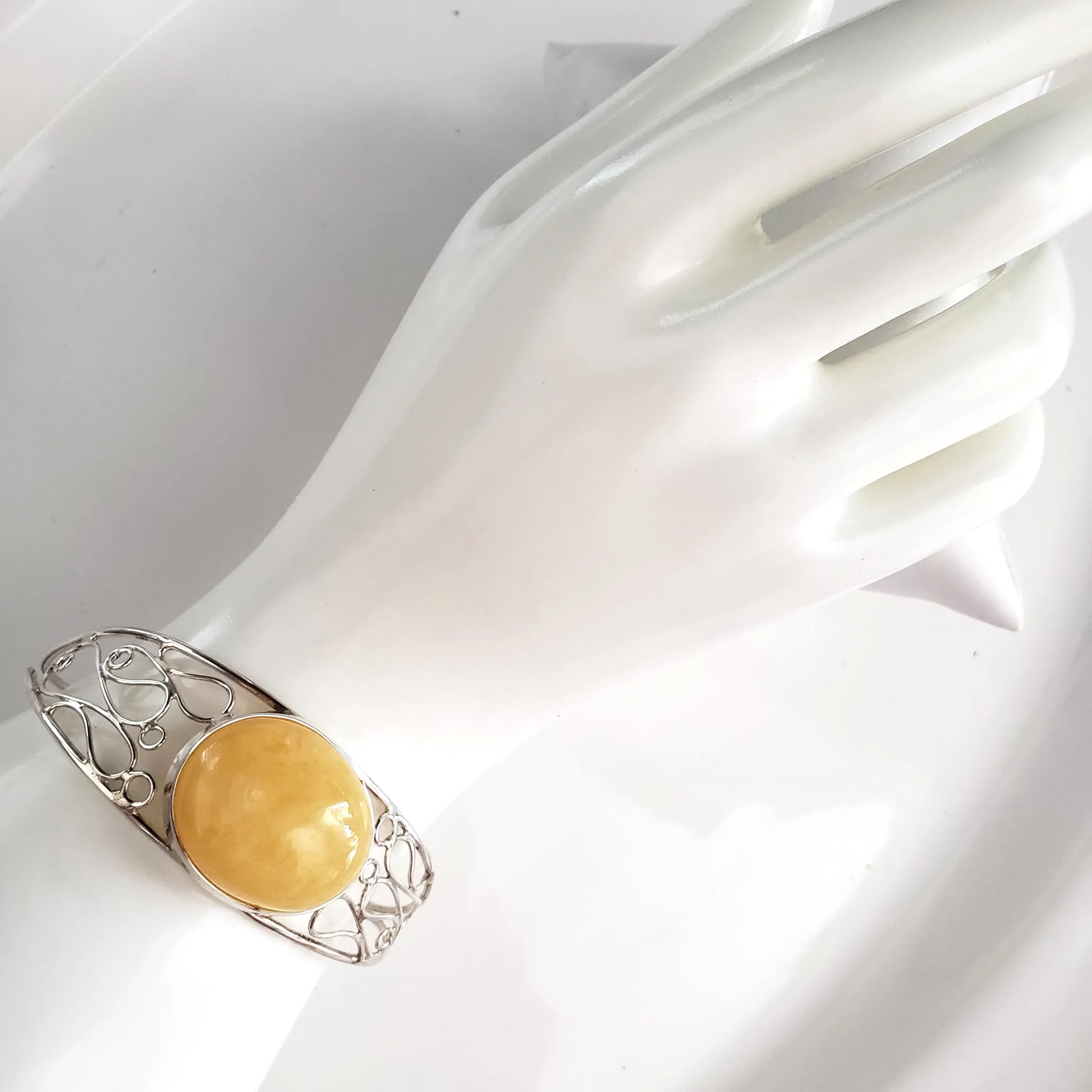 Butterscotch Natural Amber Cuff Bracelet in Modern Sterling Silver Setting