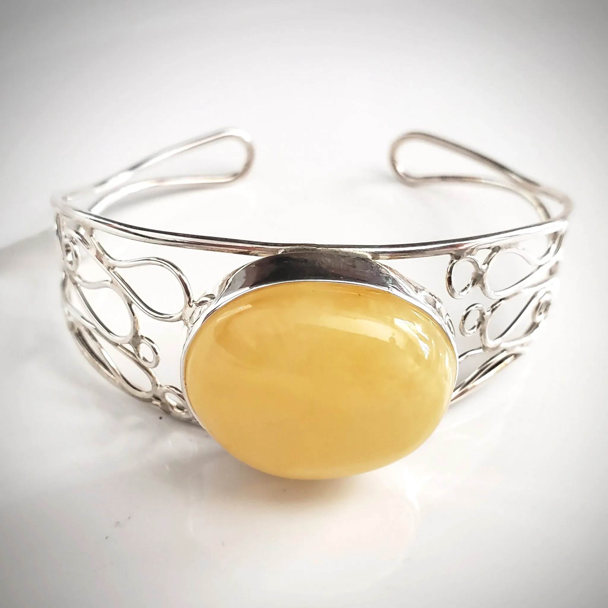 Butterscotch Natural Amber Cuff Bracelet in Modern Sterling Silver Setting