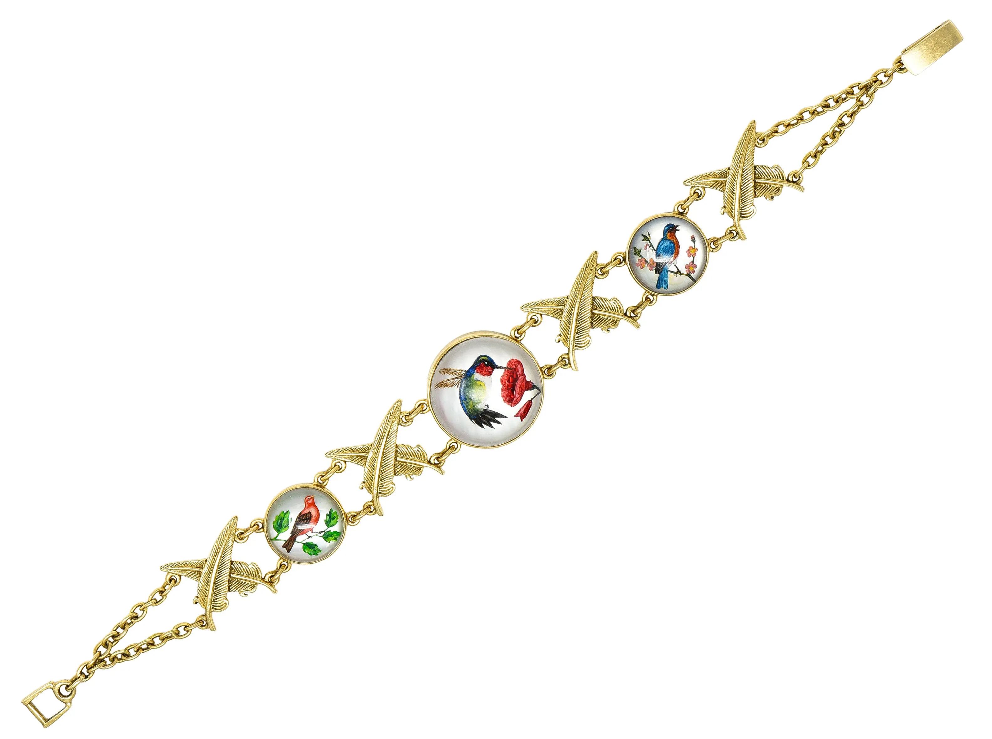 Carter Gough Essex Crystal Quartz 14 Karat Yellow Gold Feather Bird Themed Vintage Link Bracelet
