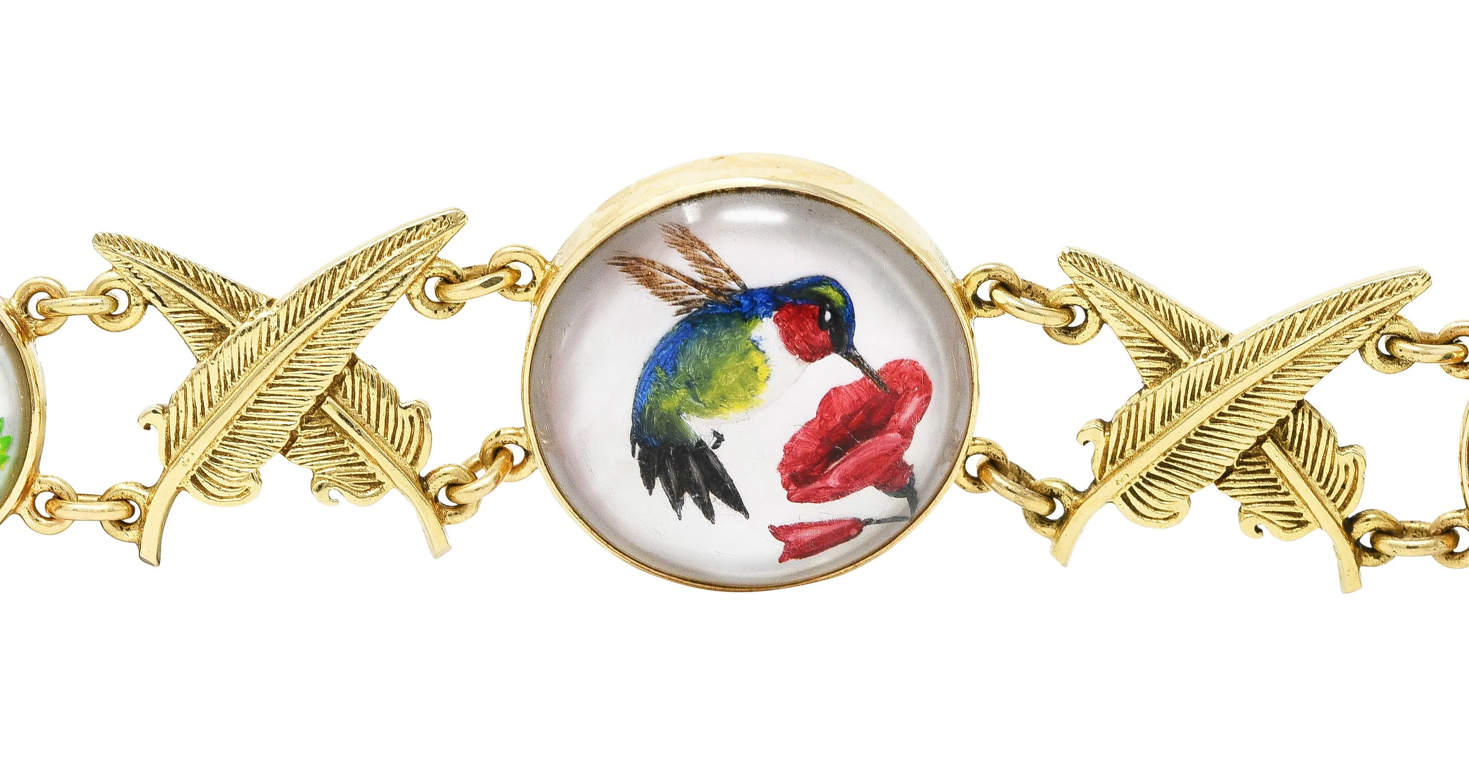Carter Gough Essex Crystal Quartz 14 Karat Yellow Gold Feather Bird Themed Vintage Link Bracelet