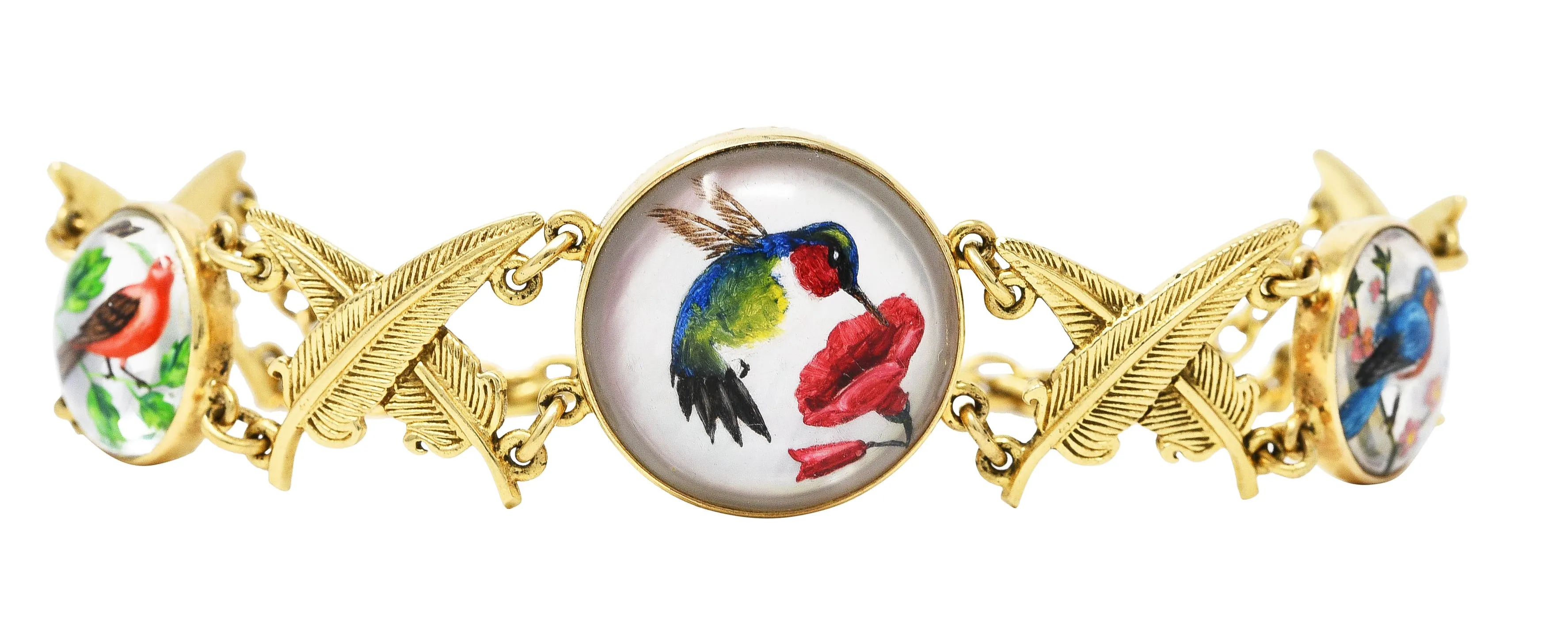 Carter Gough Essex Crystal Quartz 14 Karat Yellow Gold Feather Bird Themed Vintage Link Bracelet