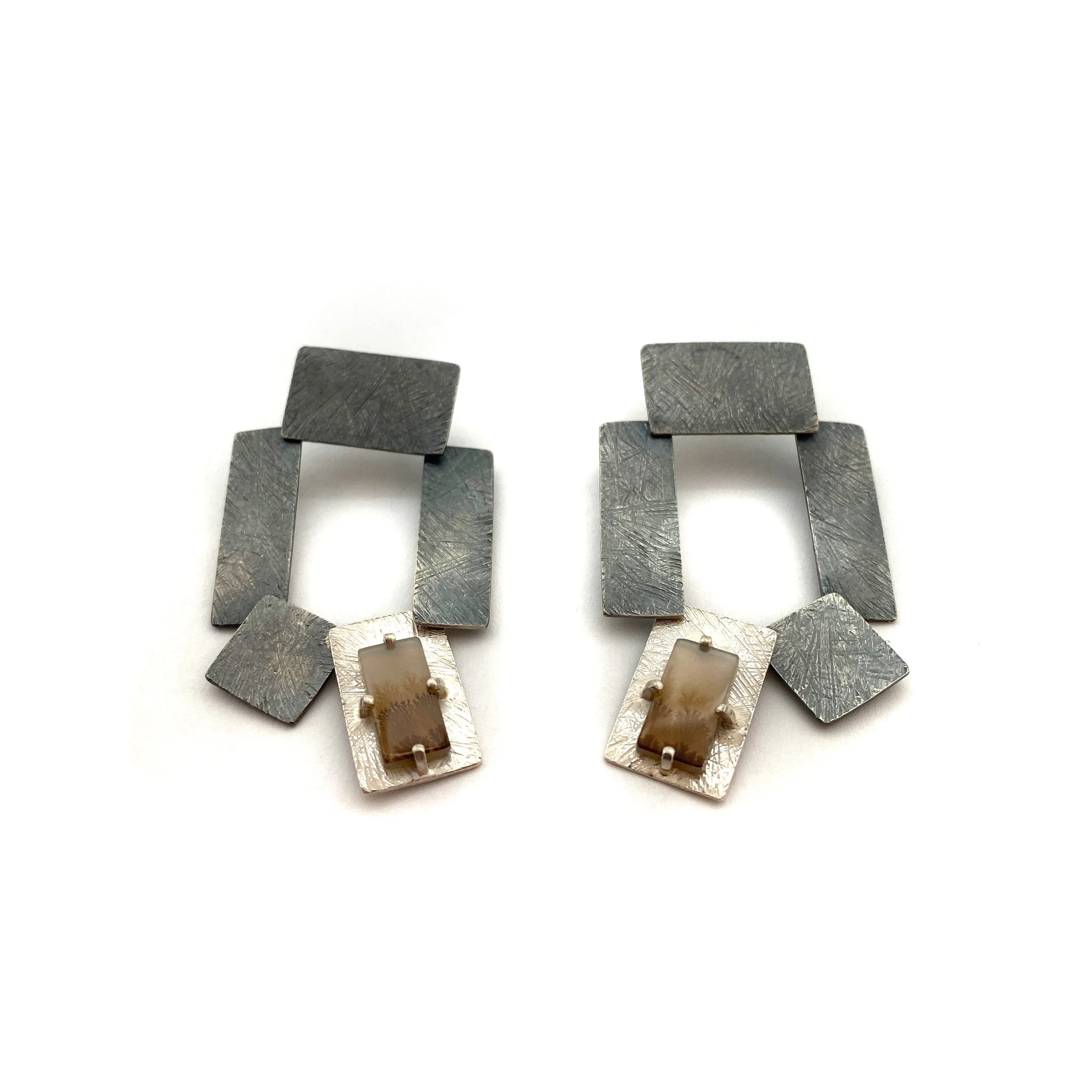 Carved Tab Link Earrings - Oxidized