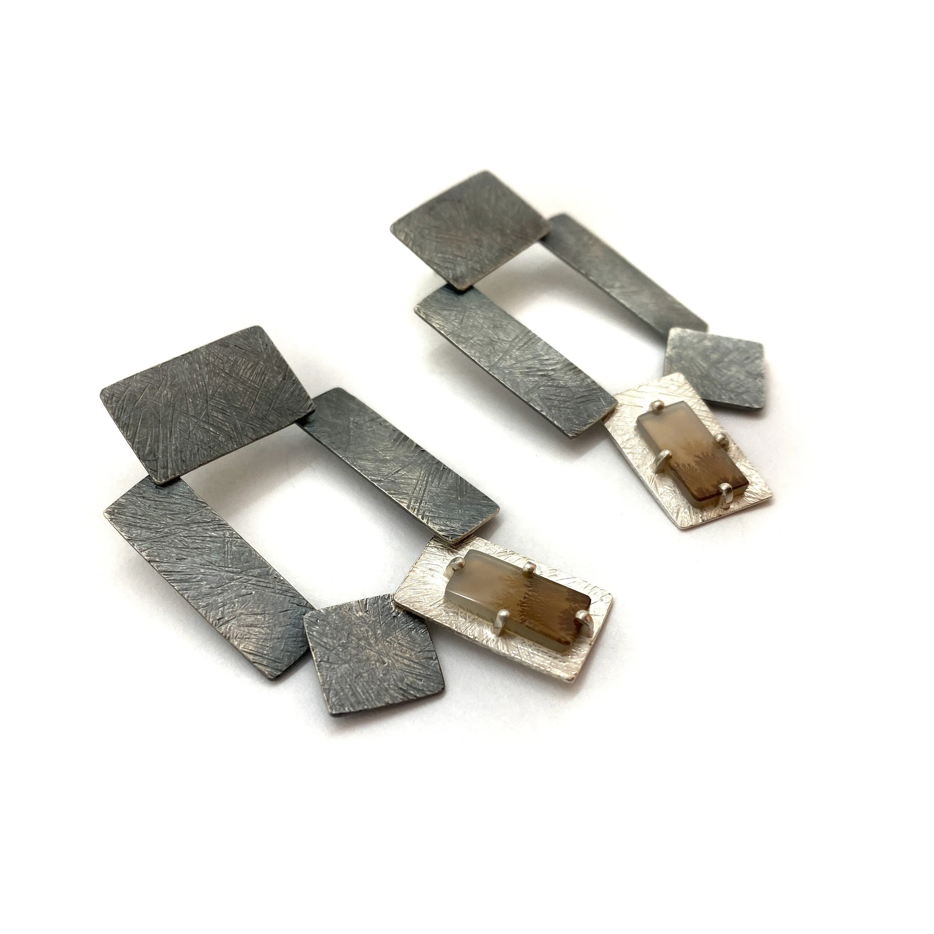 Carved Tab Link Earrings - Oxidized