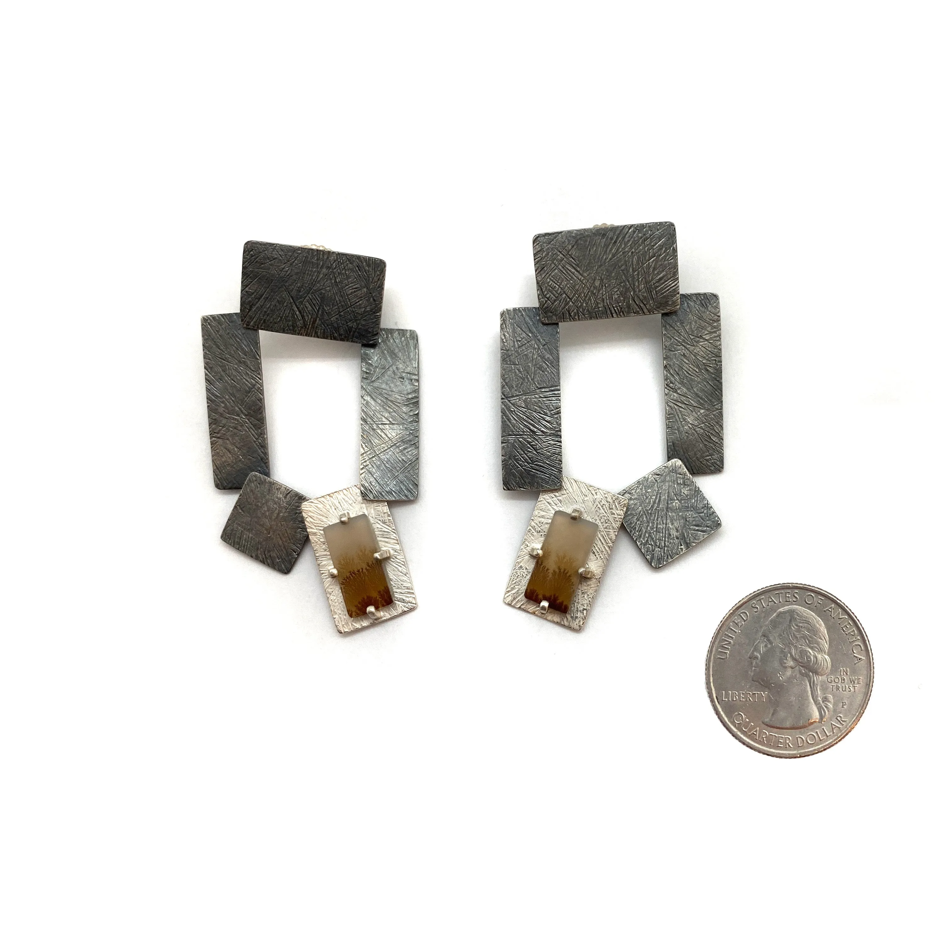 Carved Tab Link Earrings - Oxidized